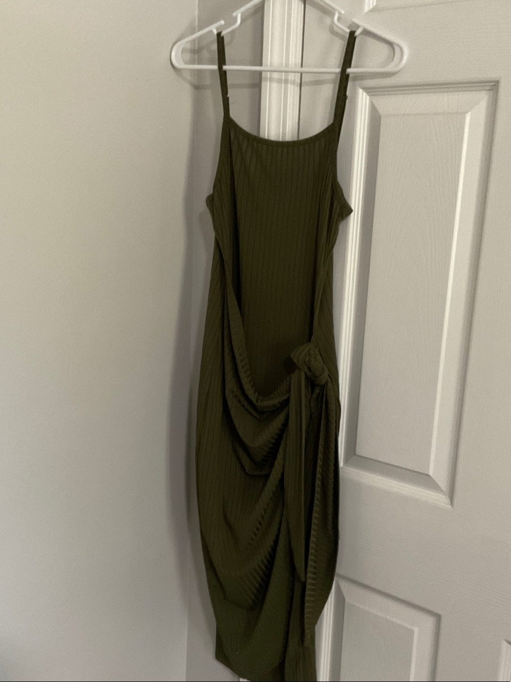 Spaghetti Strap Olive Green Draped Midi Dress